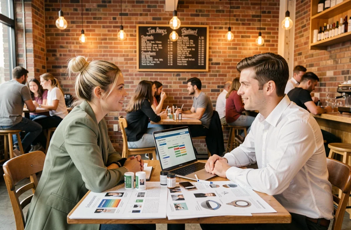 Deux jeunes professionnels analysant des fiches de catégories de nouveaux produits dans un café de travail collaboratif