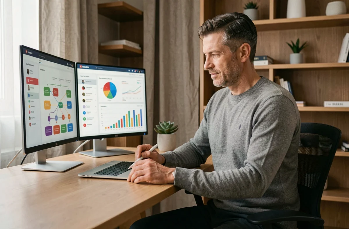 Un homme analyse des tableaux de bord de marketing digital sur deux écrans dans un bureau à domicile