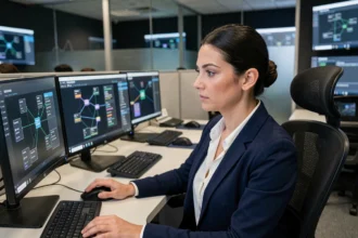 Analyste en cybersécurité surveillant des tableaux de bord réseau sur plusieurs écrans dans un centre opérationnel moderne