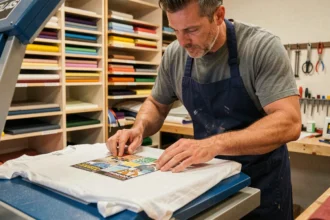 Artisan appliquant un flocage textile sur un t-shirt blanc avec une presse à chaud dans un atelier professionnel