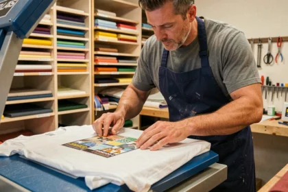 Artisan appliquant un flocage textile sur un t-shirt blanc avec une presse à chaud dans un atelier professionnel