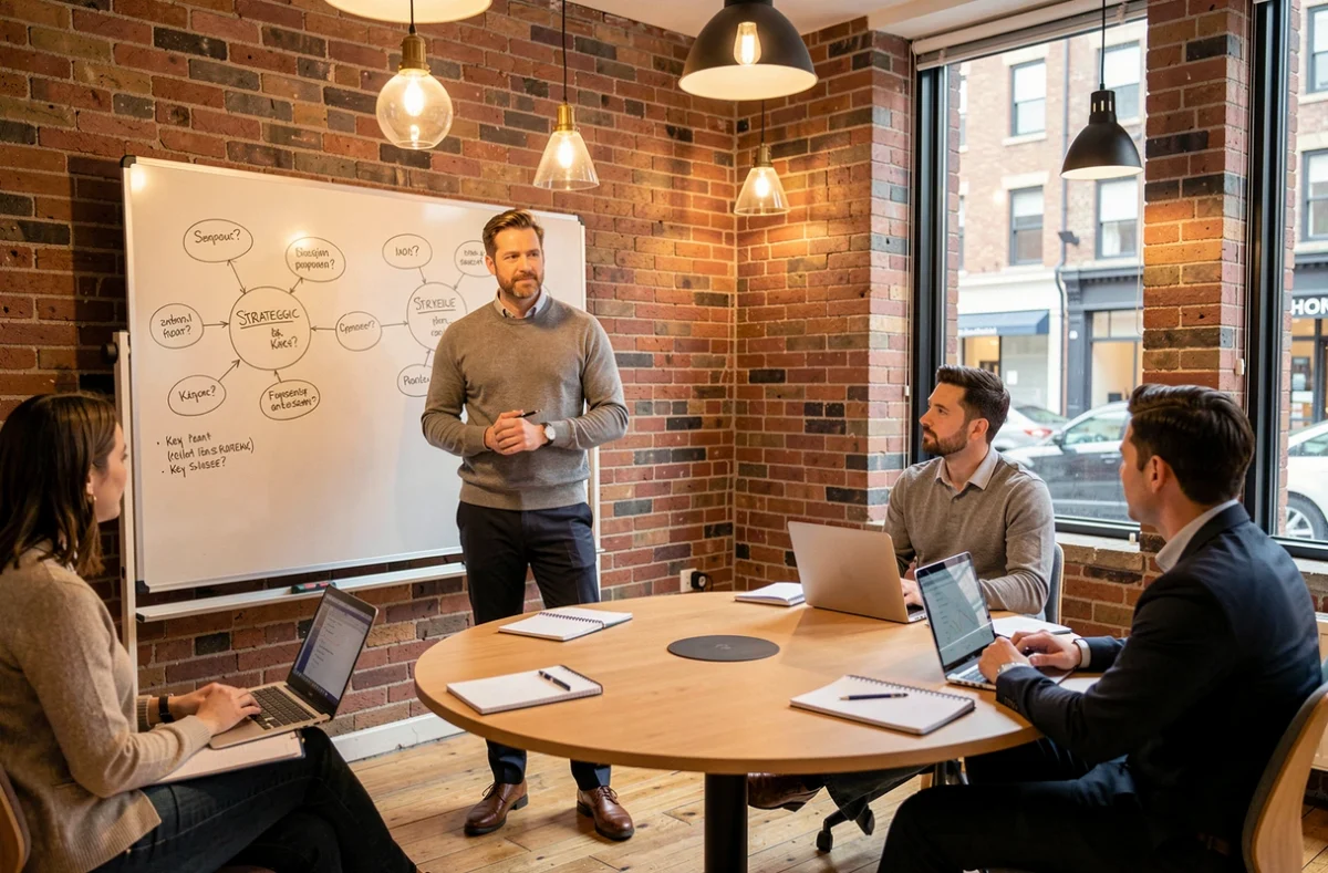 Coach professionnel animant un atelier de coaching collectif en entreprise devant un tableau blanc avec un groupe de collaborateurs