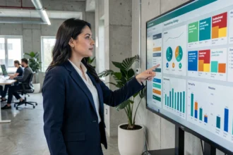 Professionnelle du marketing analysant des tableaux de bord numériques dans un bureau moderne, illustrant l'avenir du marketing data-driven