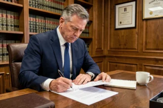 Avocat examinant un contrat avec mentions obligatoires manquantes dans un bureau juridique