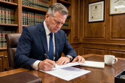 Avocat examinant un contrat avec mentions obligatoires manquantes dans un bureau juridique