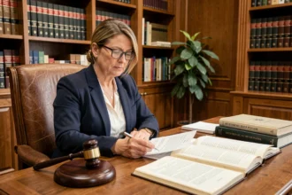 Avocate spécialisée en propriété intellectuelle révisant un contrat dans un bureau juridique avec livres de droit et marteau de juge
