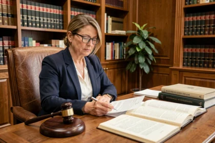 Avocate spécialisée en propriété intellectuelle révisant un contrat dans un bureau juridique avec livres de droit et marteau de juge