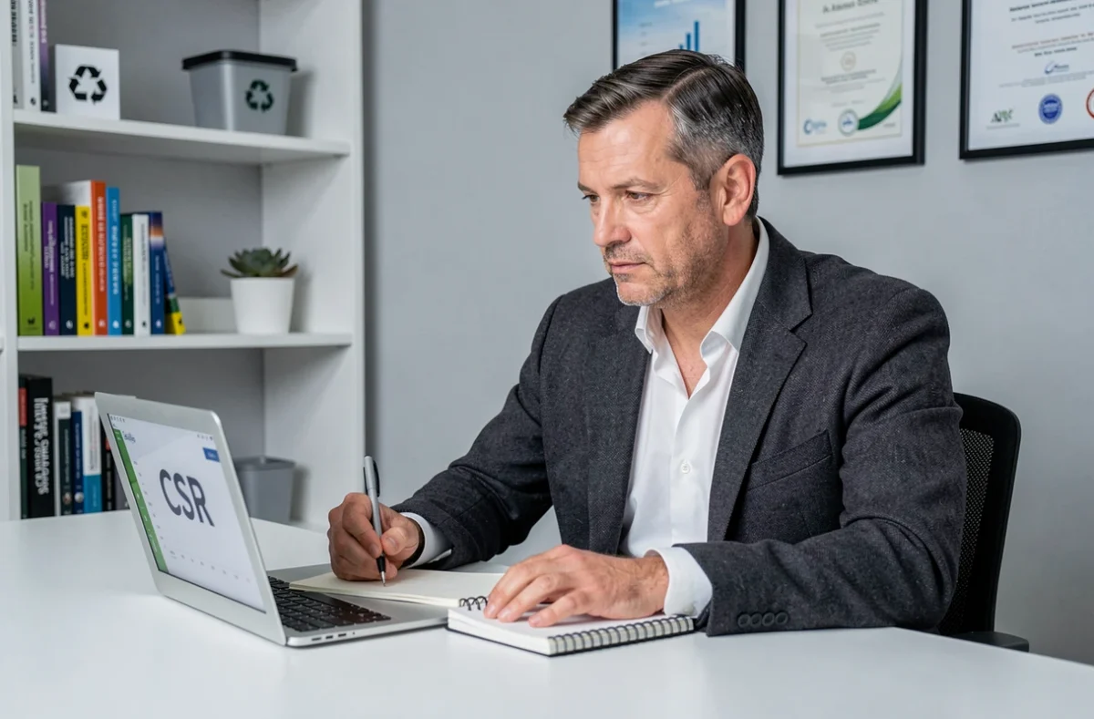 Cadre dirigeant prenant des notes sur la RSE devant son ordinateur portable dans un bureau professionnel minimaliste