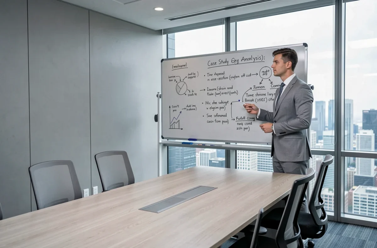 Candidat en costume gris présentant une étude de cas devant un tableau blanc dans une salle de réunion de cabinet de conseil stratégique type BCG