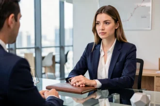 Jeune femme professionnelle en entretien d'embauche dans un cabinet de conseil, portant un blazer marine, regard assuré face à un recruteur du BCG