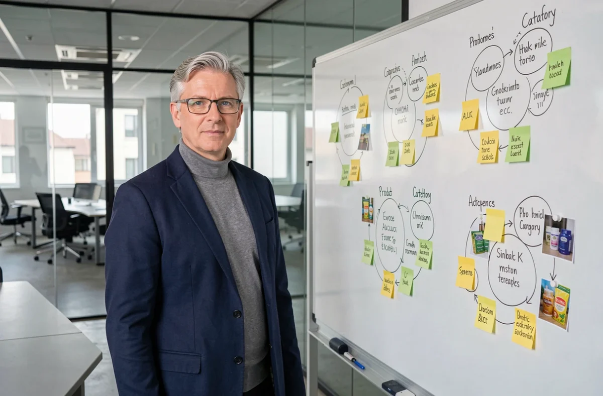 Cadre d'entreprise devant un tableau blanc présentant les six catégories de nouveaux produits en réunion