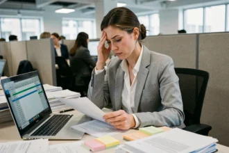 Femme professionnelle analysant des documents avec des erreurs dans un bureau encombré