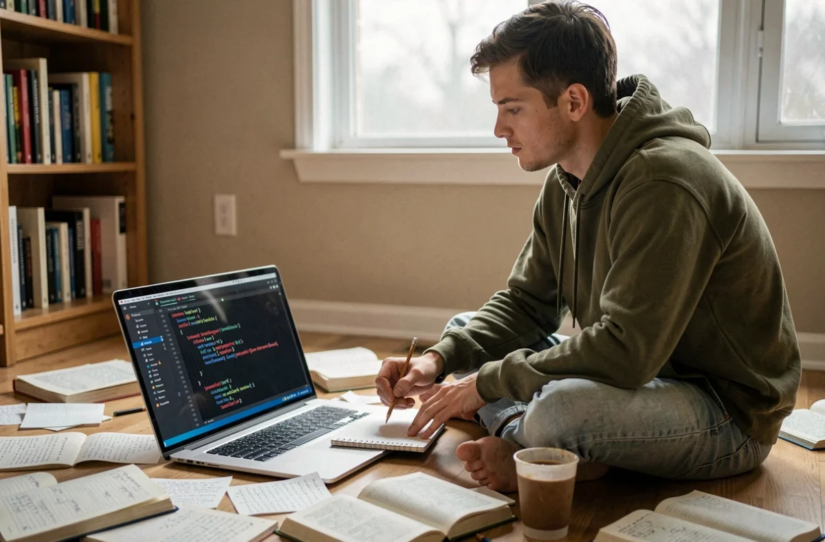 Jeune homme cherchant les causes d'erreur dans son code informatique à domicile