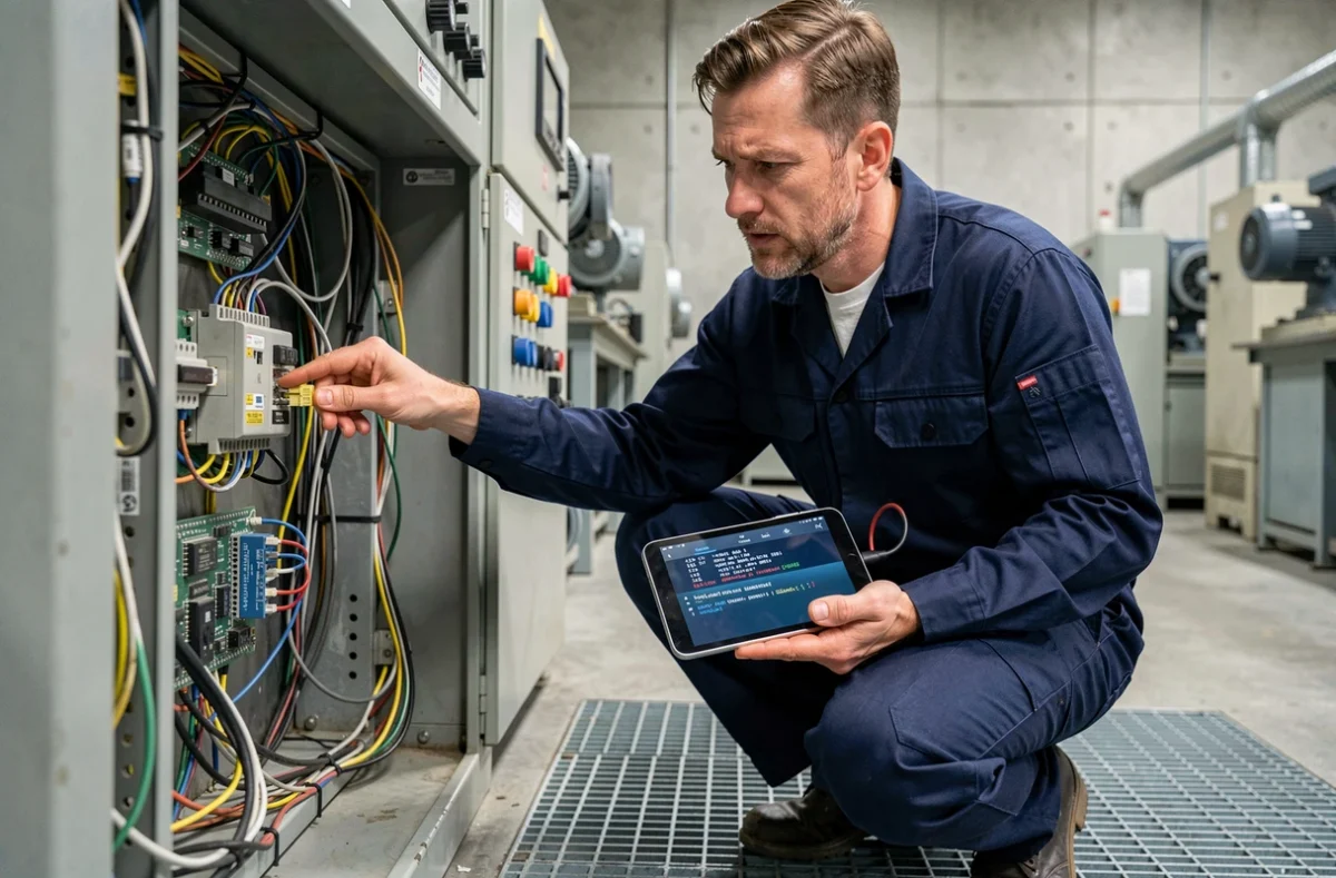 Technicien identifiant une cause d'erreur sur un panneau de contrôle industriel