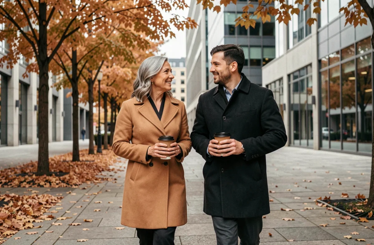 Session de coaching d'entreprise en extérieur entre une coach expérimentée et un cadre lors d'une promenade en milieu urbain automnal