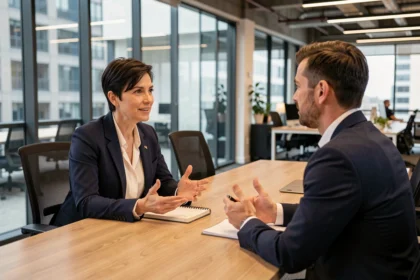 Coach d'entreprise femme discutant avec un cadre masculin dans une salle de réunion moderne et professionnelle