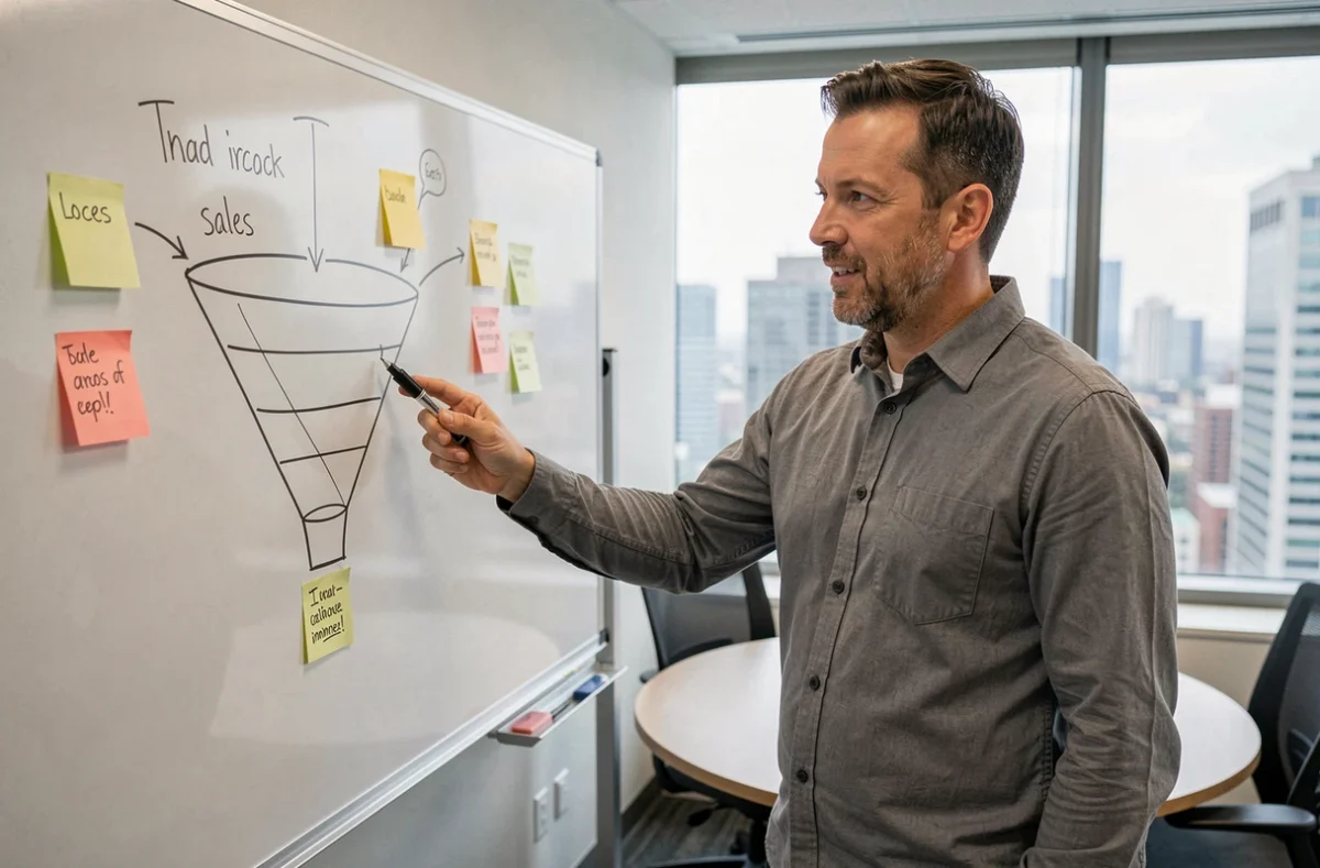 Commercial expliquant un entonnoir de vente avec la distinction entre prospects et leads sur un tableau blanc
