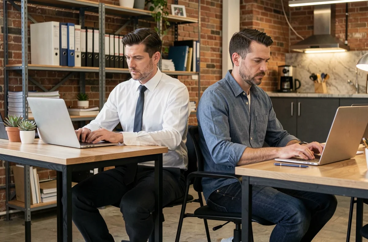 Deux collègues masculins côte à côte dans un espace de coworking, l'un en tenue formelle et l'autre en casual, illustrant la coexistence des codes vestimentaires dans les organisations modernes