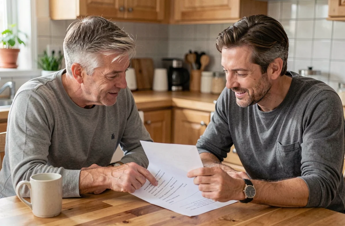 Couple consultant une liste de professionnels à leur table de cuisine à la maison
