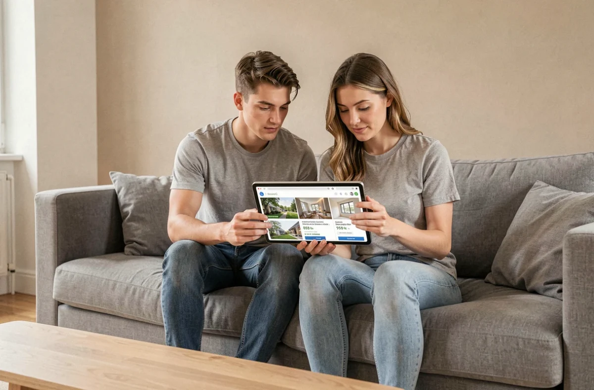 Couple cherchant un appartement sur le premier site d'annonces immobilières en France depuis leur salon