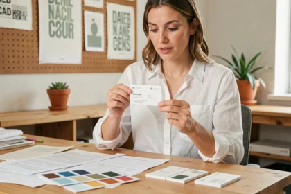 Femme créative examinant des prototypes de cartes de visite originales sur un bureau en bois dans un studio design