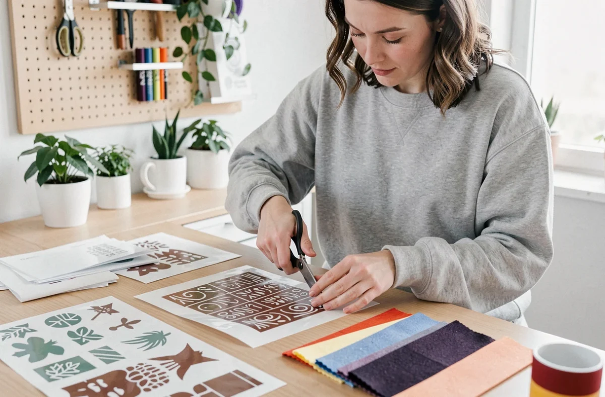 Femme découpant des feuilles de flocage vinyle avec des ciseaux sur un bureau créatif à domicile pour personnaliser un textile