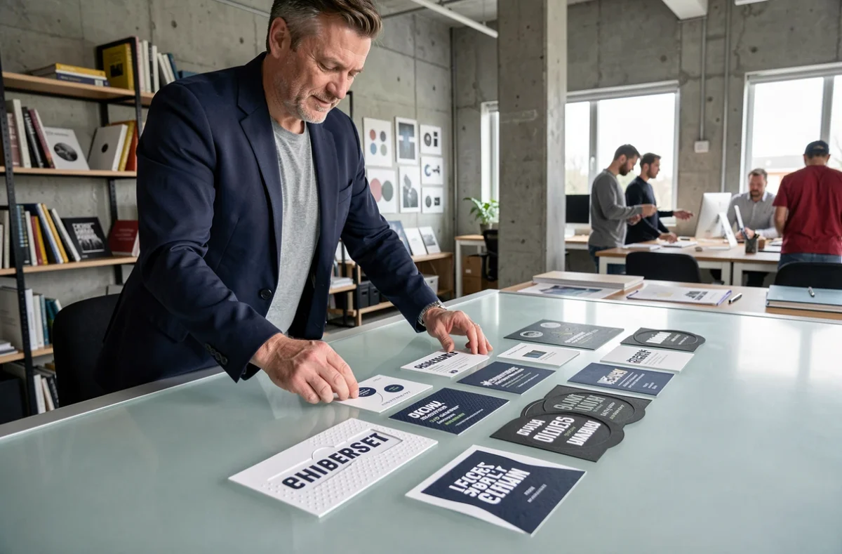 Designer graphique arrangeant des cartes de visite aux designs variés sur une table lumineuse dans une agence créative