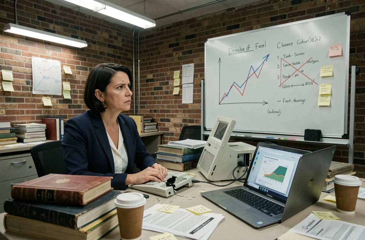 Femme d'affaires dans un bureau chaotique illustrant la transition économique et la fin de la destruction créative
