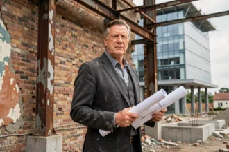 Dirigeant d'entreprise devant une usine en démolition symbolisant la destruction créative économique