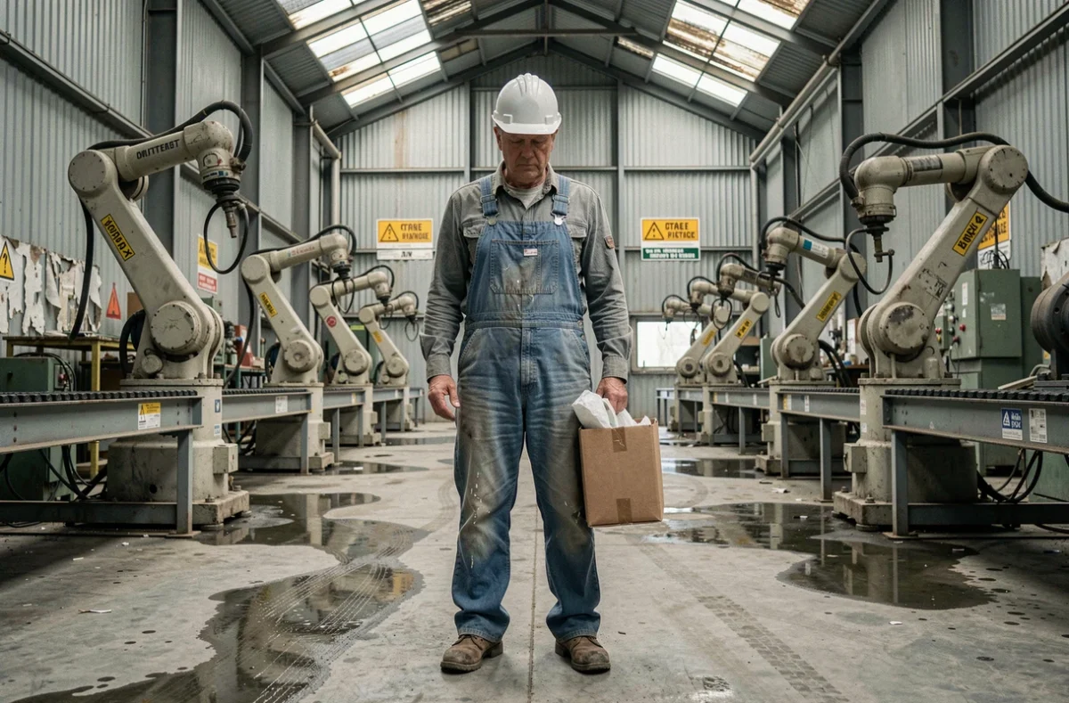 Ouvrier d'usine dans une manufacture abandonnée symbolisant les conséquences humaines de la destruction créative industrielle