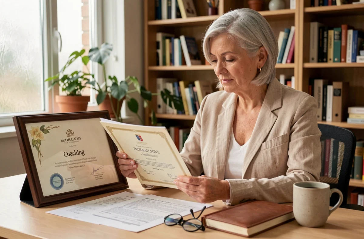 Coach expérimentée examinant son diplôme de coaching et ses certifications professionnelles dans son bureau personnel