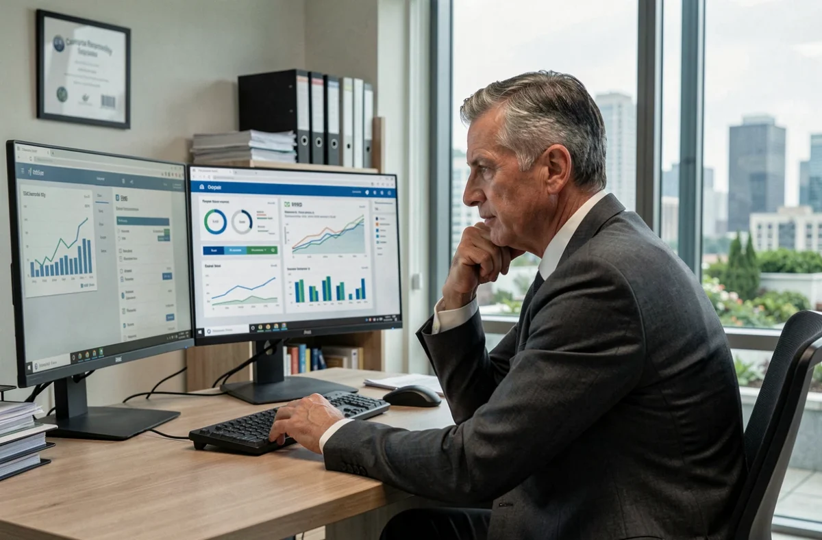 Directeur des ressources humaines analysant des indicateurs RSE et de performance sociale sur deux écrans dans un bureau moderne