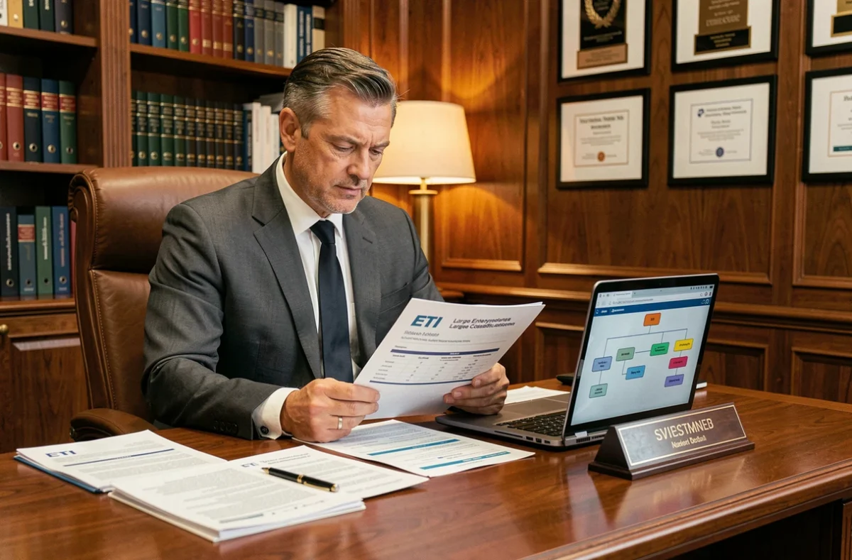 Dirigeant senior étudiant des documents sur les catégories d'entreprises au-delà de la PME dans un bureau exécutif classique