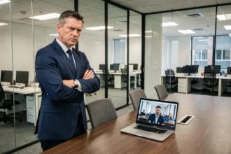 Dirigeant d'entreprise sceptique face au télétravail lors d'une réunion en salle de conférence avec des bureaux vides en arrière-plan