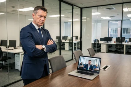 Dirigeant d'entreprise sceptique face au télétravail lors d'une réunion en salle de conférence avec des bureaux vides en arrière-plan