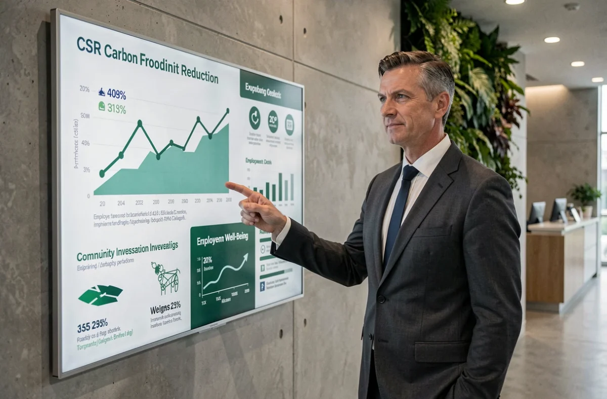 Dirigeant d'entreprise présentant les indicateurs de performance RSE devant un tableau de bord mural en entreprise