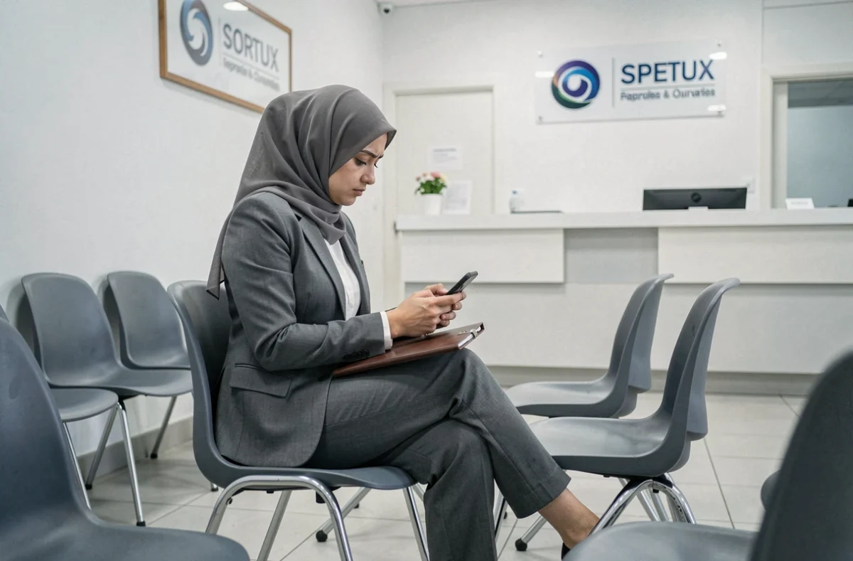 Femme voilée seule dans une salle d'attente lors d'un entretien d'embauche, évoquant la discrimination religieuse à l'emploi