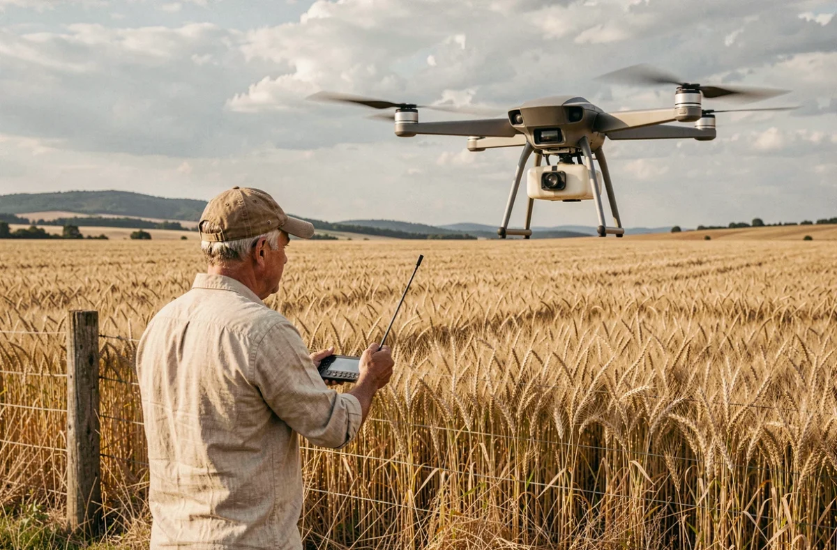 Agriculteur pilotant un drone agricole survolant un champ de blé doré pour épandage de précision