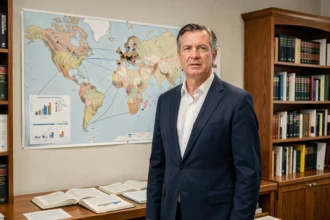 Économiste devant une carte du monde avec des routes commerciales illustrant les théories du commerce international
