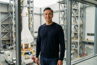 Entrepreneur technologique masculin debout devant une usine aérospatiale moderne symbolisant les créations d'Elon Musk comme SpaceX