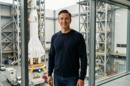 Entrepreneur technologique masculin debout devant une usine aérospatiale moderne symbolisant les créations d'Elon Musk comme SpaceX