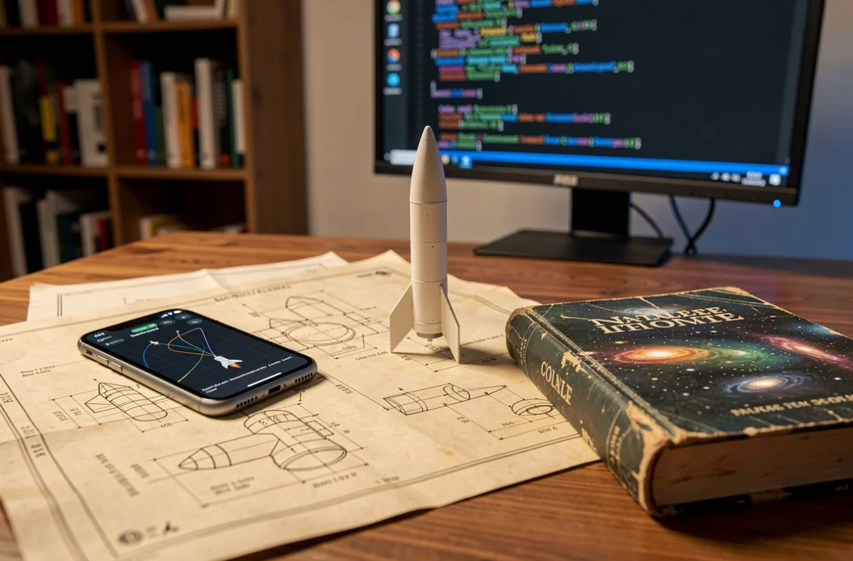 Bureau d'ingénieur avec plans techniques et modèle de fusée symbolisant les projets et inventions d'Elon Musk