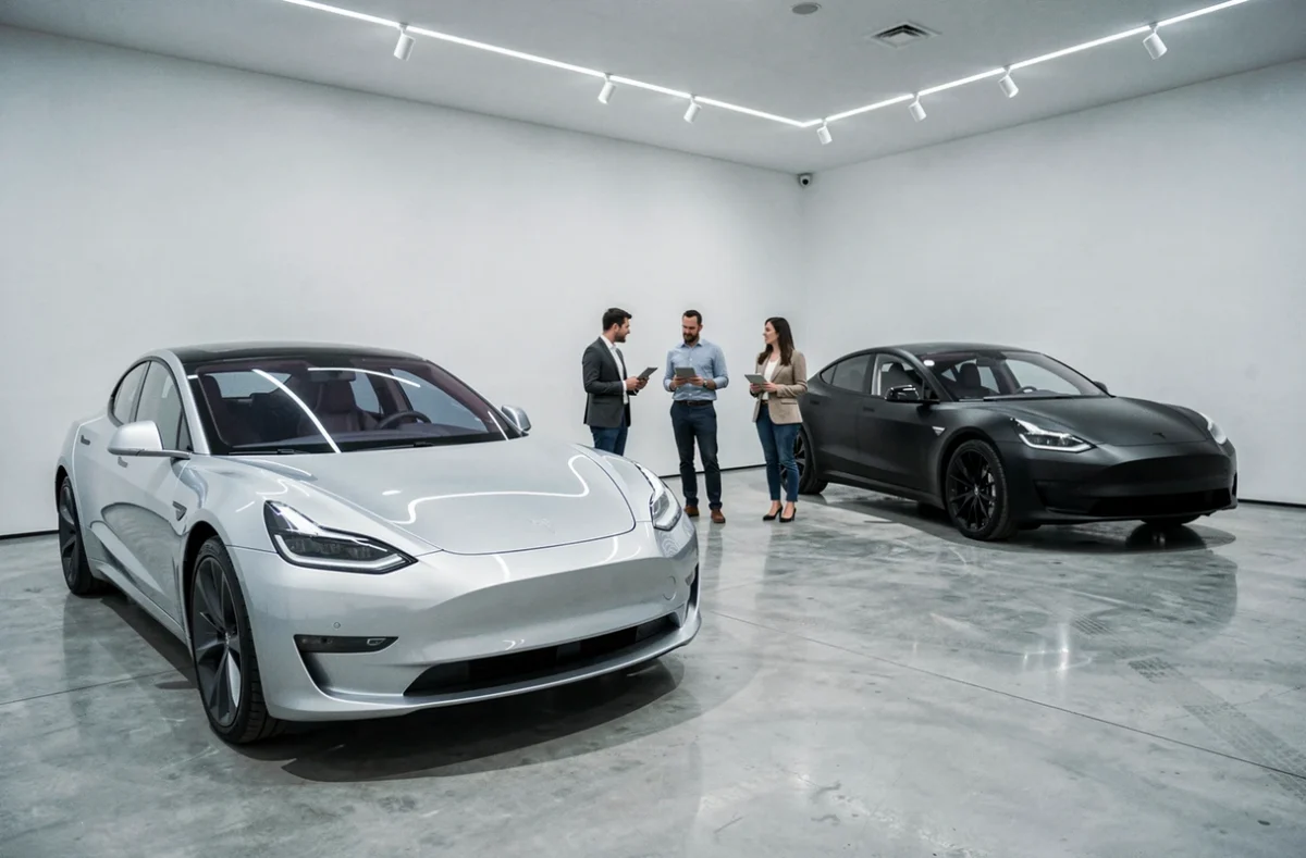 Salle d'exposition de véhicules électriques modernes représentant l'innovation technologique associée aux entreprises d'Elon Musk comme Tesla