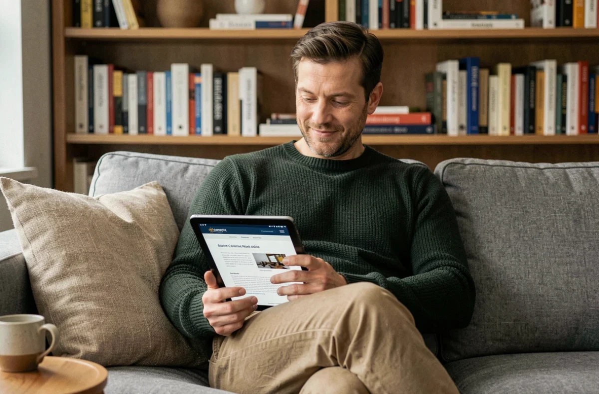 Homme lisant un email de nurturing personnalisé sur une tablette dans un cadre domestique chaleureux