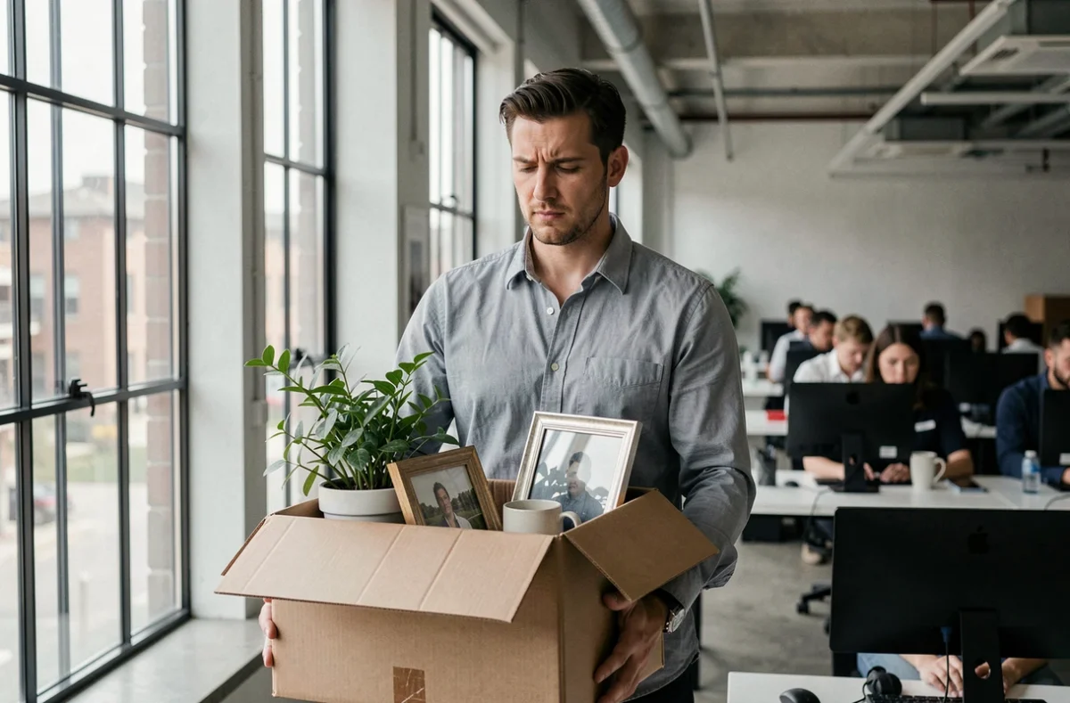 Employé licencié quittant son bureau avec ses affaires personnelles dans une boîte en carton dans un open space
