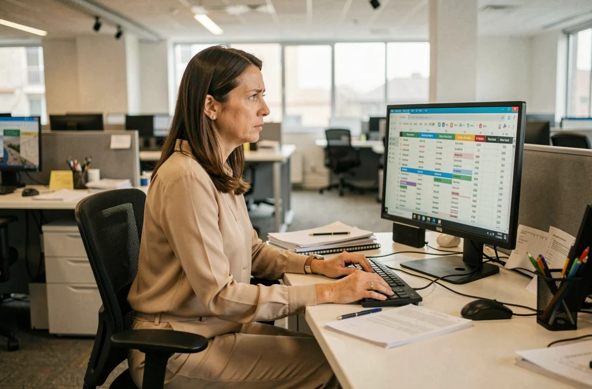 Employée de bureau réfléchissant aux enjeux du télétravail dans un espace de travail à moitié vide