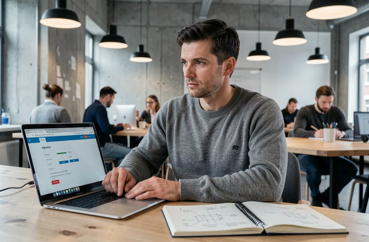 Entrepreneur masculin enregistrant un brevet sur ordinateur portable dans un espace de coworking moderne avec cahier de croquis techniques