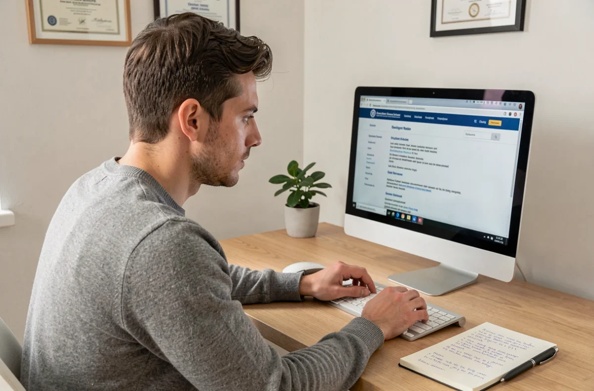 Jeune entrepreneur recherchant des informations sur la faillite d'une entreprise sur un registre officiel en ligne