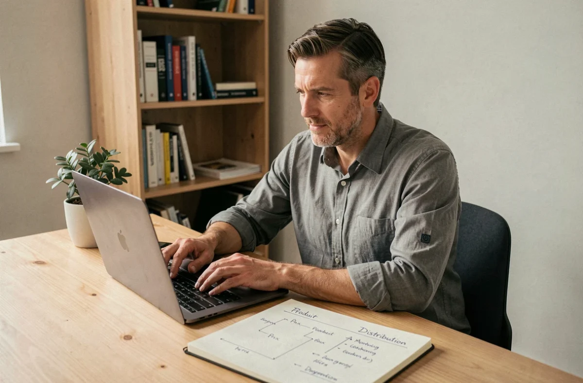Entrepreneur travaillant seul sur une stratégie marketing avec les 3P notés dans un carnet sur son bureau