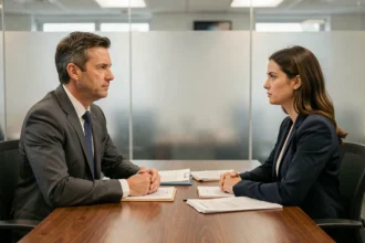 Réunion formelle entre un responsable RH et une employée lors d'un entretien de licenciement dans un bureau d'entreprise moderne